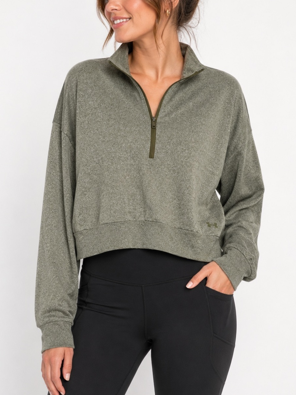 Under Armour Loose Fit 1/2 Zip Cropped Pullover Olive Green Heather Size Medium
